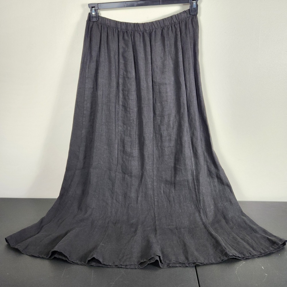 Match Point Panel Black Linen Maxi Skirt Elastic Waist Boho Coastal L